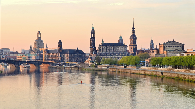2 - The historic skyline of Dresden, Germany, viewed across the Elbe River from the vicinity of the Augustusbrücke or Carolabrücke area